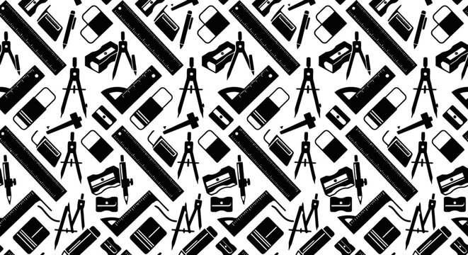 A seamless pattern of black and white geometry and school supplies, including rulers, compasses, erasers, and sharpeners, arranged in a repeating design.