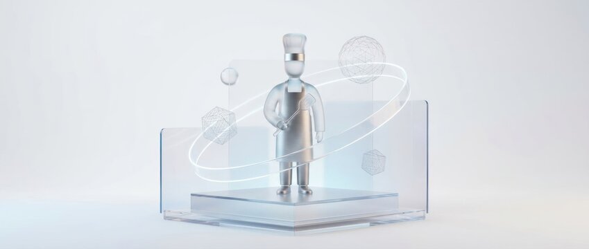 Digital humanoid figure in futuristic technology display