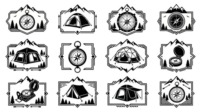 Collection of vintage outdoor adventure emblems featuring camping tents, compasses, mountains, and trees in a monochrome design.