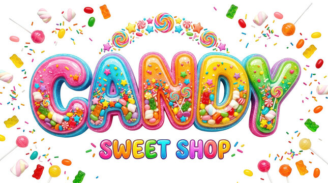 Candy sweet shop 3d typography design with colorful candies and lollipops isolated on transparent background