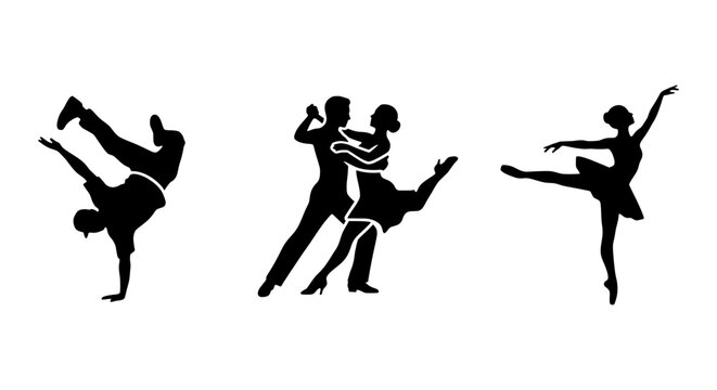 Dance Silhouettes: Breakdance, Ballroom, Ballet, Vector Icons for Performance and Movement