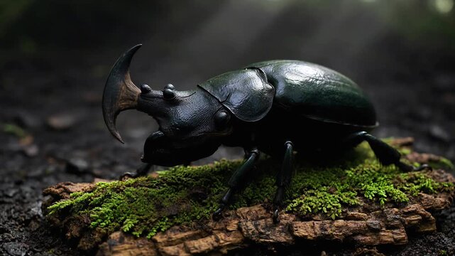 Black rhinoceros beetle resting on mossy wood log insect nature macro moss horn insect nature macro moss horn