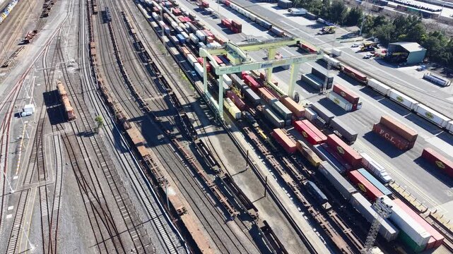 Aerial view of freight train and intermodal container terminal