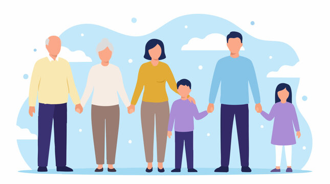 Multi-generational family holding hands, happy people showing unity illustration