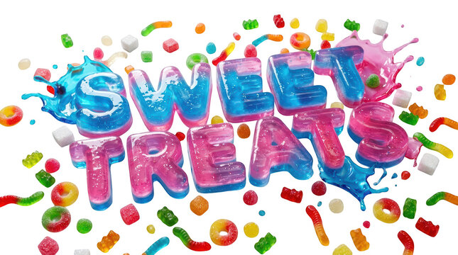Sweet treats text made of colorful gummy candy with liquid splashes isolated on transparent background
