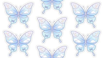 Naklejka premium Seamless pattern with cute pastel blue butterflies, clouds, moons, and bows isolated on transparent background