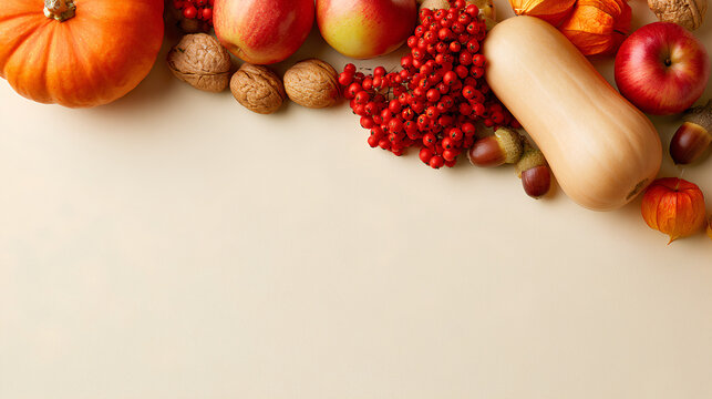 Minimalist Thanksgiving Top View Frame featuring Fall Fruits and Vegetables on Beige Background 
