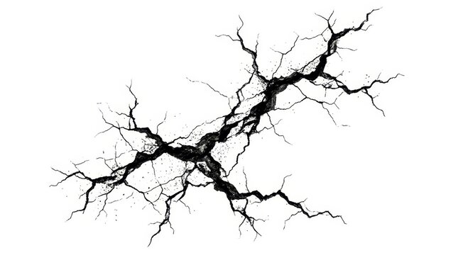 Deep Black Ground Crack with Detailed Fractures and Fissures Isolated on White Background