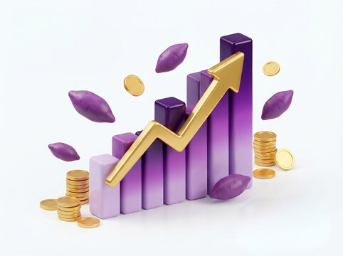 3D illustration of financial growth chart with purple ube and floating golden coins on white background.