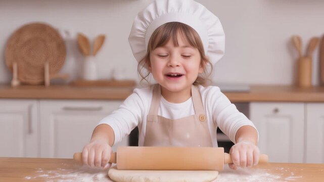 Little girl in chef hat rolling dough on kitchen table. Child baker smiling and having fun while cooking at home. Panning camera shot.