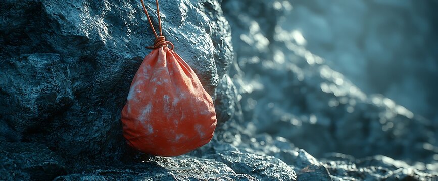 Orange sack hangs on cliffside, misty backdrop; adventure concept