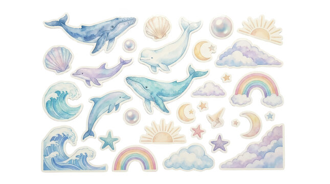 Watercolor ocean and sky sticker set isolated on transparent background