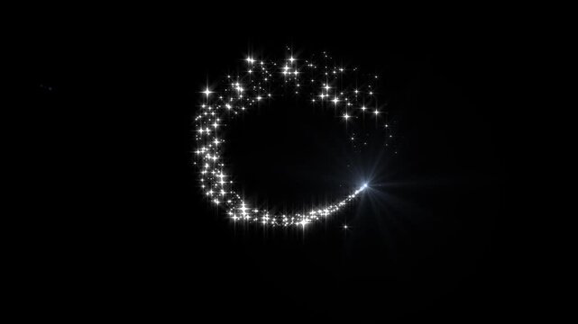 Glittering light streak and glowing star explosion on a deep dark background, magical twinkling light line, shimmering fairy dust sparkles, glowing magic line effect with optical flares, 4k