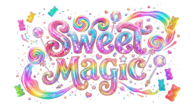 Sweet magic typography with colorful candy elements isolated on transparent background