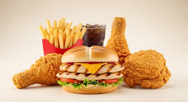 Fast food combo with grilled chicken burger, fried chicken pieces, french fries and cola