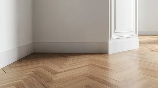 Modern minimalist interior with herringbone wood floor and white walls