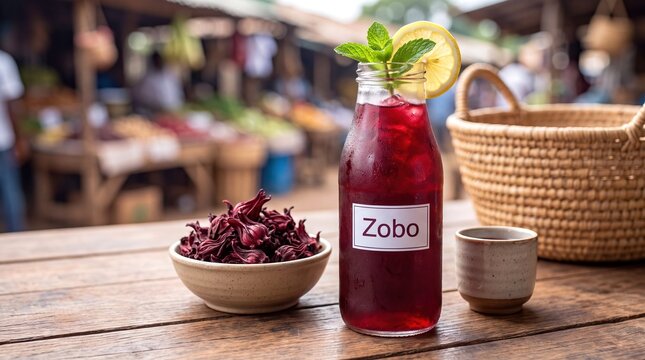 Refreshing Nigerian Zobo hibiscus drink in a glass bottle garnished with mint and fresh lemon.