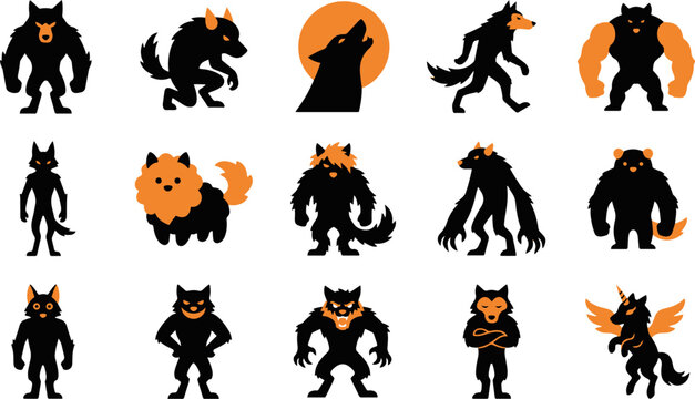 Werewolf Silhouettes And Orange Circle Backgrounds Vector Illustration