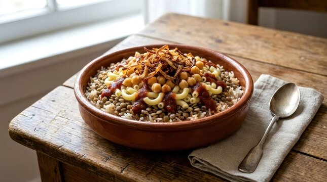 Traditional Egyptian Koshari served in a rustic clay bowl on a weathered wooden kitchen table.