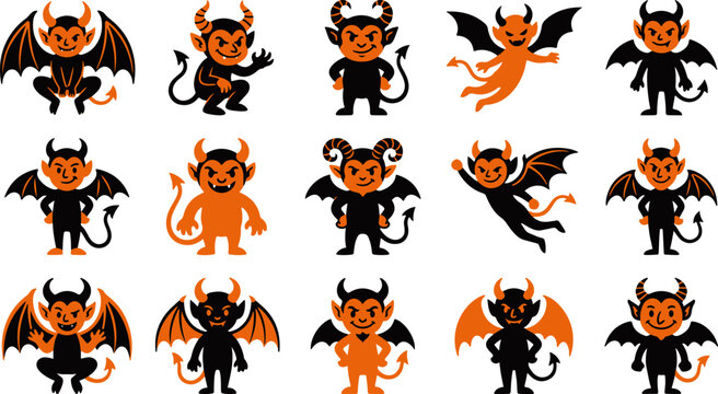 Devil characters collection vector illustration with orange and black coloring