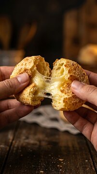 Close-up of hands tearing apart a golden-brown Brazilian cheese bread, revealing a gooey, melted cheese filling that stretches appealingly.