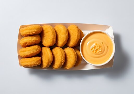 A paper tray filled with goldenbrown chicken nuggets and a side of creamy orange dipping sauce