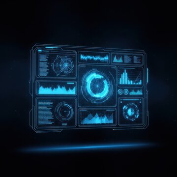 Futuristic digital interface displaying data analysis and information