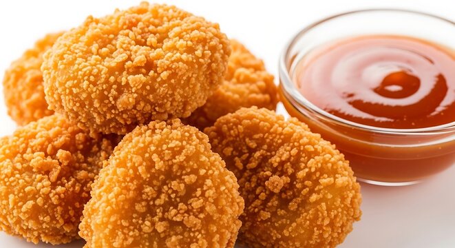 Crispy golden fried chicken nuggets with a small bowl of dipping sauce isolated on white background