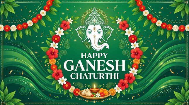 Happy Ganesh Chaturthi Greeting Card Vector Banner with Lord Ganesha Line Art and Abstract Liquid Green Background
