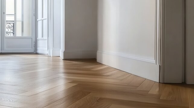 Wooden parquet floor and white walls in a room