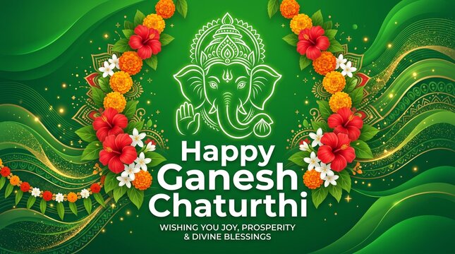 Happy Ganesh Chaturthi Greeting Card Vector Banner with Lord Ganesha Line Art and Abstract Liquid Green Background