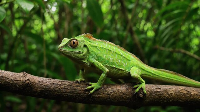 Green chameleon perched on a tree branch in a lush tropical rainforest lizard reptile wildlife animal nature