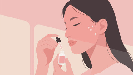 Illustration Of A Woman Applying Facial Serum, Serum Drops, Skin Looks Healthy And Hydrated Vector Design Template