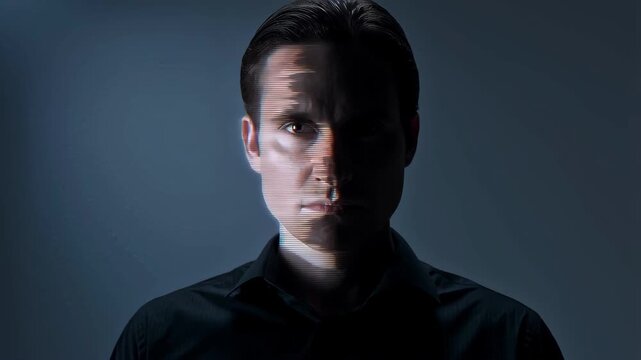 Mysterious man with dramatic lighting in dark studio