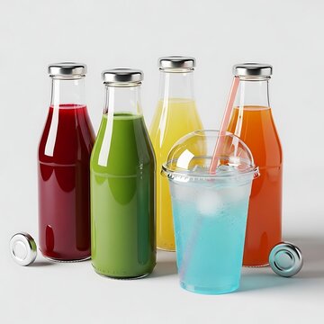 Assorted colorful fruit juices in glass bottles and a plastic cup
