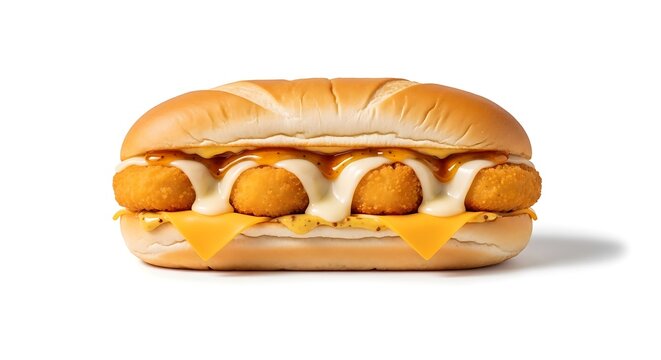 A delicious crispy chicken tender sandwich with melted cheese and creamy sauce isolated on white background