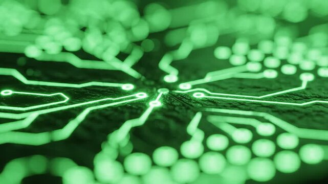 Extreme close-up of a green glowing circuit board with luminous traces branching outward from a central hub in a neural network pattern.