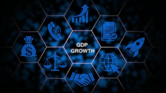 Gdp growth concept with digital hexagon infographic financial analysis and economic development motion for corporate business presentations