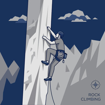 Man Ascending Towering Mountain Peak With Extreme Resolve