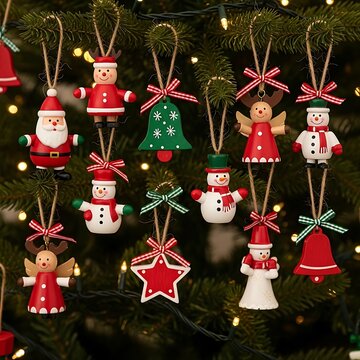 Festive handcrafted ornaments glowing softly amidst the deep green of holiday boughs.