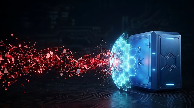 Cybersecurity digital shield blocking attack. Data protection barrier stopping virus.