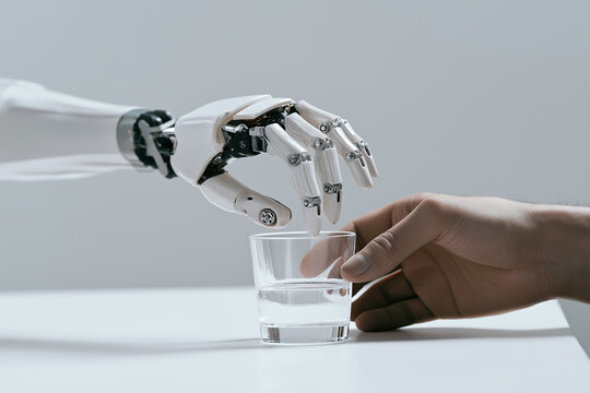 Robot hand offers water to a human hand in a simple setting