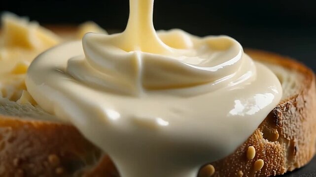 Close-up video of creamy cheese being spread slowly on a slice of rustic bread, highlighting detailed texture and glistening