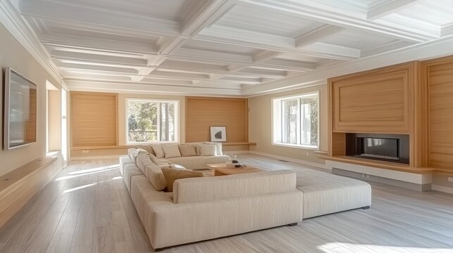 Spacious living room with coffered ceiling and modern fireplace