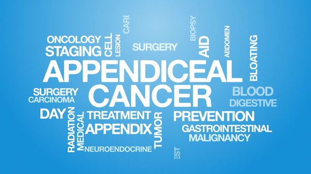 Appendiceal cancer concept Animated Tag Word Cloud kinetic typography, Text Design Animation typography seamless loop video motion graphics Intro Wordart arrangement blue background bg backdrop campai