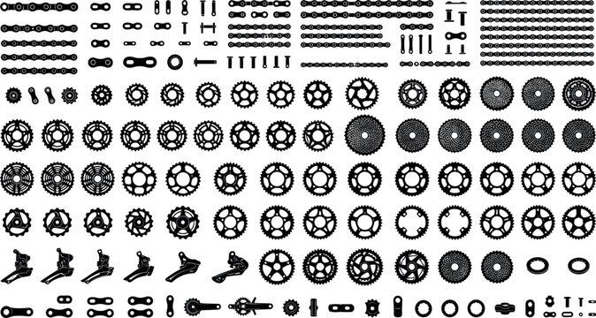 Bicycle drivetrain components silhouette set featuring metal roller chains gear cassette sprockets cranksets and derailleur mechanism parts vector illustration