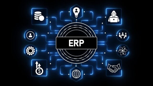 ERP Technology Interface with Intelligent Enterprise Resource Planning Systems on Dark Blue Background .Animation video.