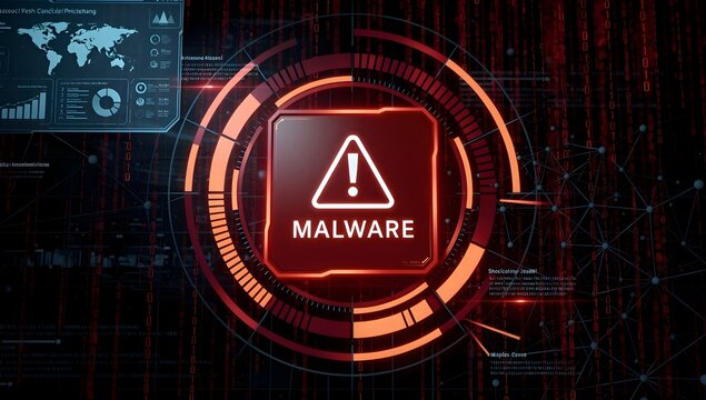 Malware cyber attack warning interface with digital threat detection, cybersecurity protection concept, advanced network defense and information security technology background
