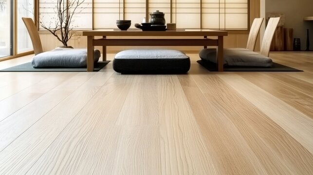 Traditional Japanese tea setting with tatami mats and low table