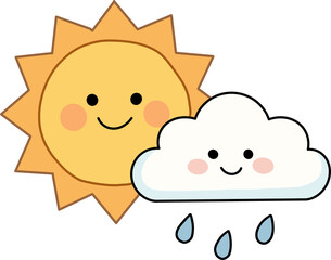 Cute smiling sun and rain cloud with raindrops cartoon illustration